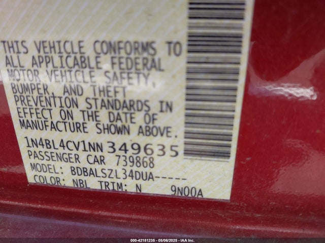 1N4BL4CV1NN349635 Nissan Altima Sr Fwd