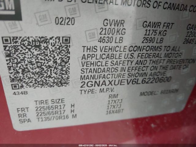 2GNAXUEV6L6220600 Chevrolet Equinox Awd Lt 1.5l Turbo