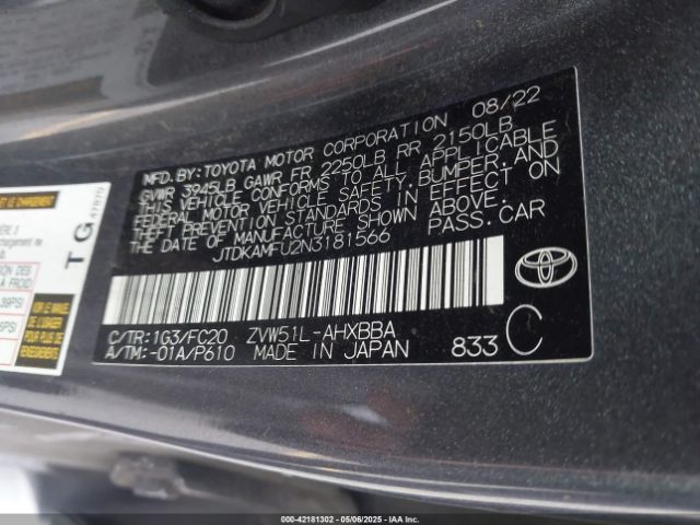 JTDKAMFU2N3181566 Toyota Prius L