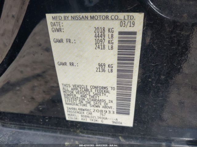 1N4BL4BW4KC208933 Nissan Altima 2.5 S