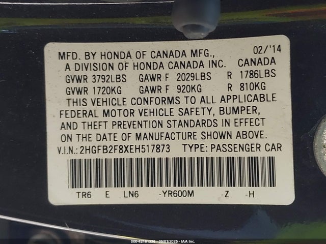 Honda CIVIC EX 2014 2HGFB2F8XEH517873 Image 9