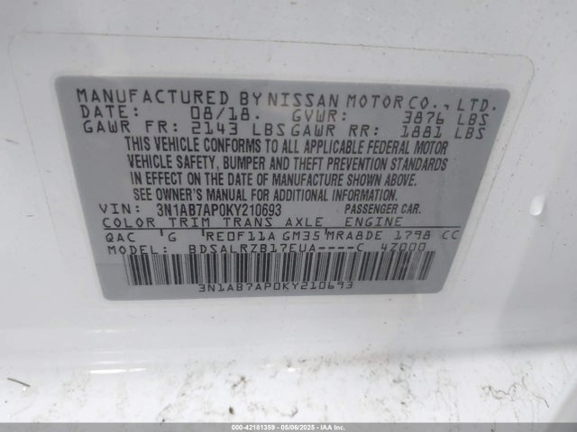 3N1AB7AP0KY210693 Nissan SENTRA SR