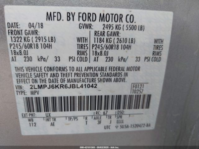 2LMPJ6KR6JBL41042 Lincoln Mkx Select