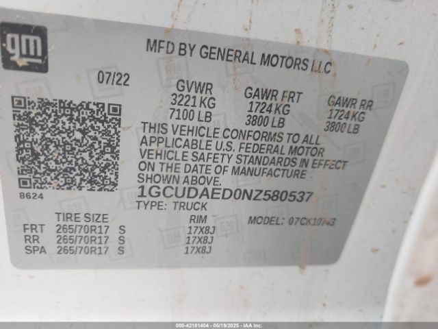 1GCUDAED0NZ580537 Chevrolet Silverado 1500 4wd  Standard Bed Wt