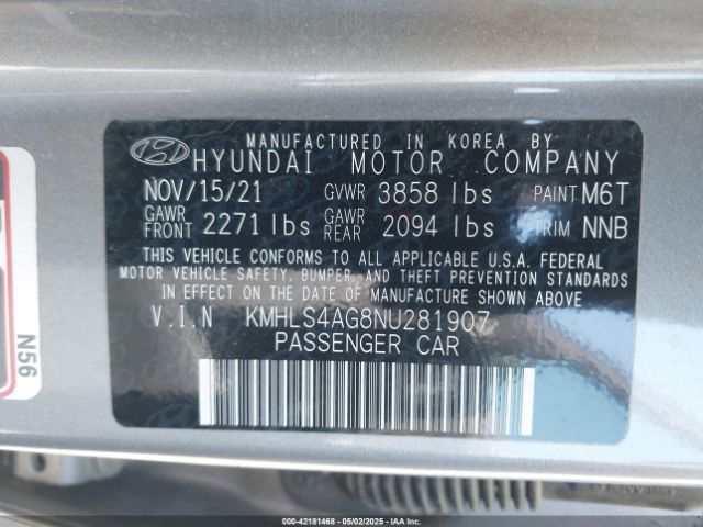 KMHLS4AG8NU281907 Hyundai ELANTRA SEL