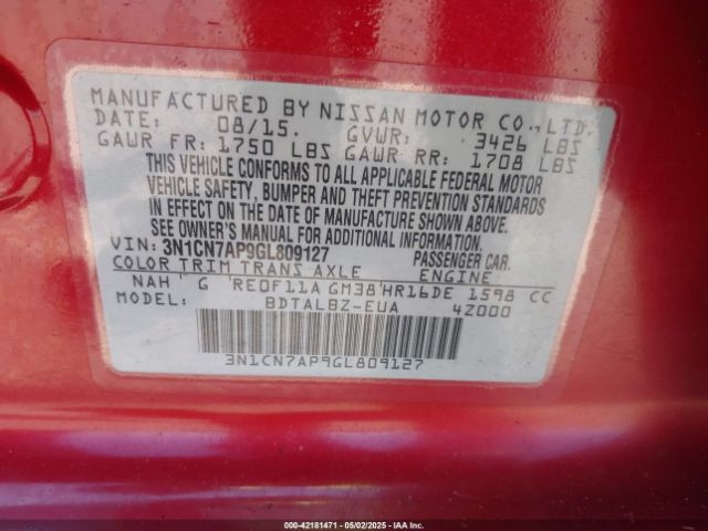 3N1CN7AP9GL809127 Nissan Versa