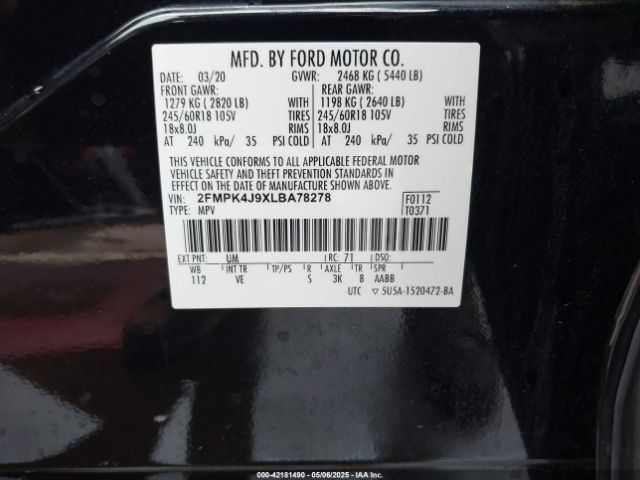 2FMPK4J9XLBA78278 Ford EDGE SEL