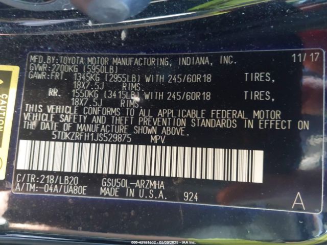 5TDKZRFH1JS529875 Toyota Highlander Xle
