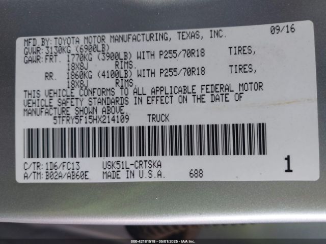 5TFRY5F15HX214109 Toyota Tundra Sr5 5.7l V8