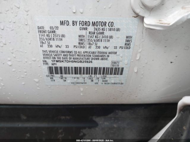1FMSK7DH0NGB25926 Ford EXPLORER XLT