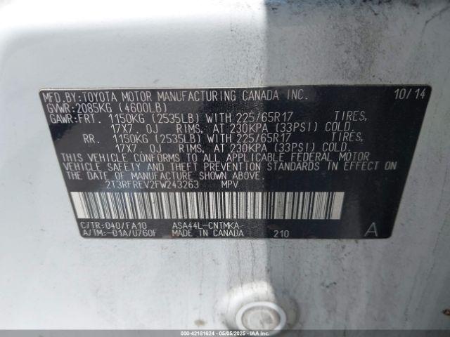 2T3RFREV2FW243263 Toyota Rav4 Xle