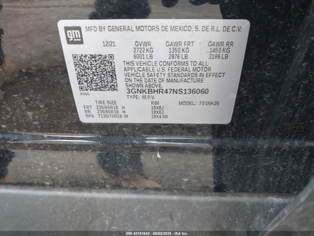 3GNKBHR47NS136060 Chevrolet Blazer Awd 2lt