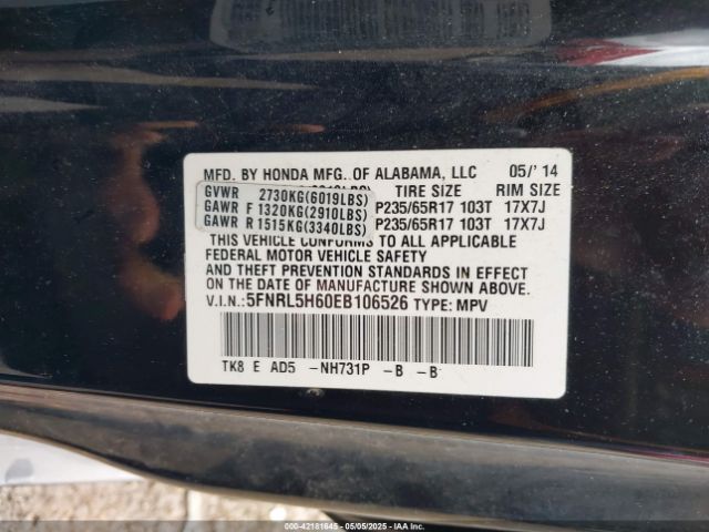 5FNRL5H60EB106526 Honda Odyssey Ex-l