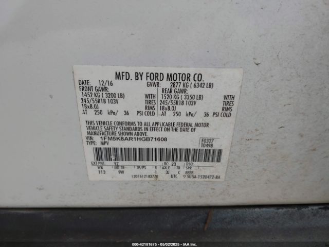 1FM5K8AR1HGB71608 Ford Police Interceptor