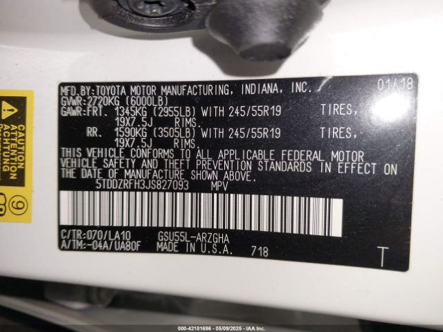 5TDDZRFH3JS827093 Toyota Highlander Limited Platinum