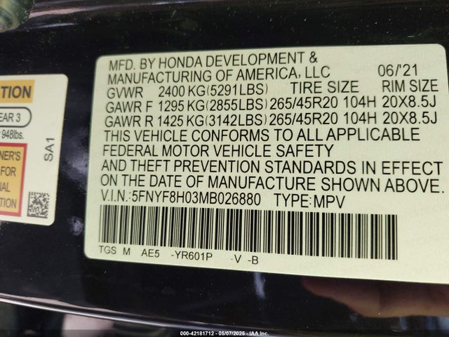 5FNYF8H03MB026880 Honda Passport Awd Elite