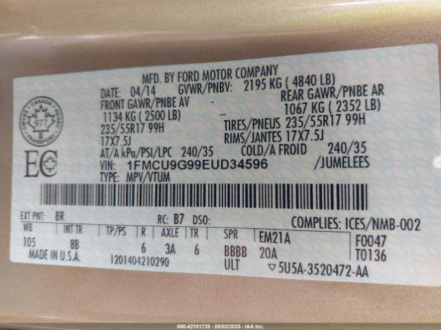 1FMCU9G99EUD34596 Ford ESCAPE SE