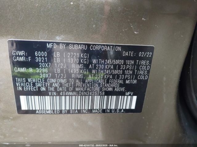 4S4WMALD6N3425758 Subaru Ascent Limited