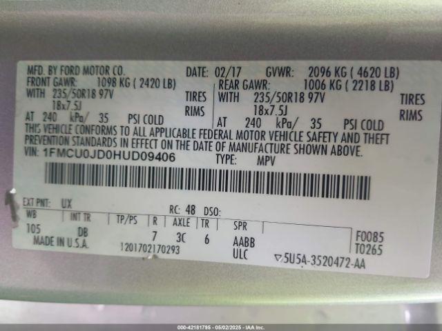 1FMCU0JD0HUD09406 Ford Escape Titanium