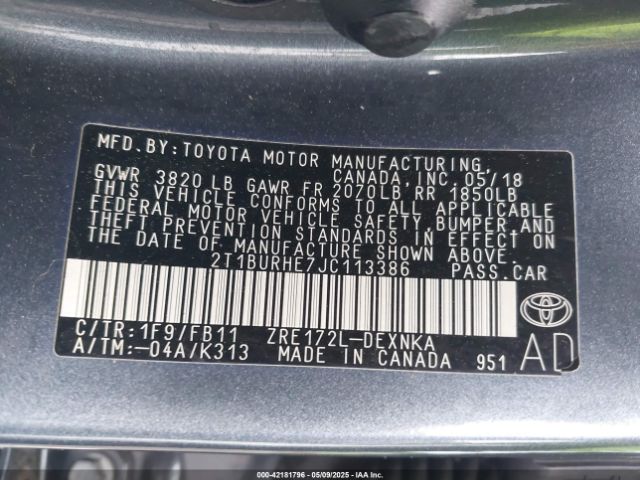 2T1BURHE7JC113386 Toyota COROLLA LE