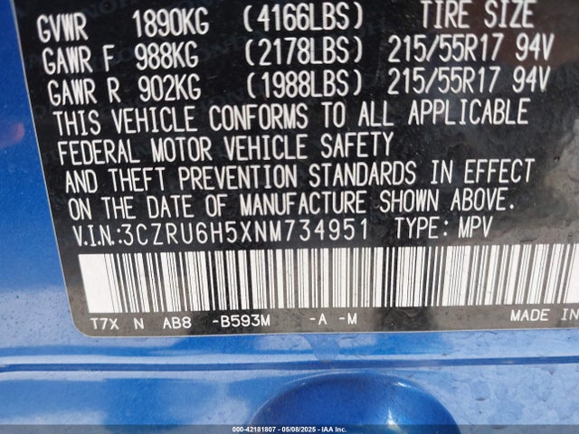 42181807 :رقم المزاد ، 3CZRU6H5XNM734951 vin ، 2022 Honda Hr-v Awd Ex مزاد بيع