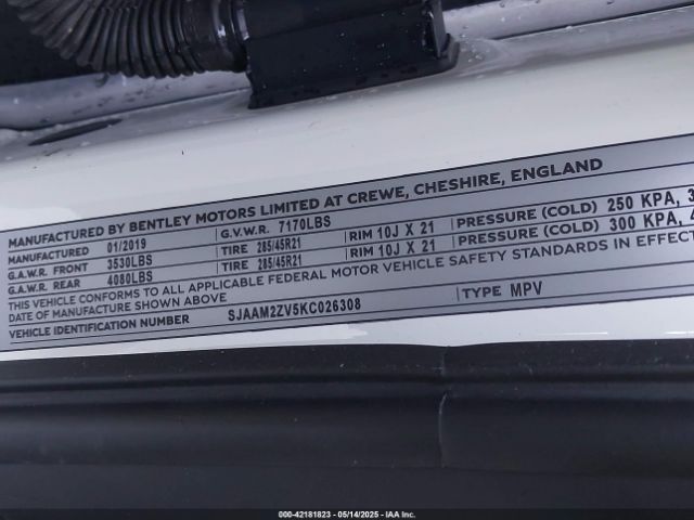 2019 BENTLEY BENTAYGA SJAAM2ZV5KC026308 Photo 8