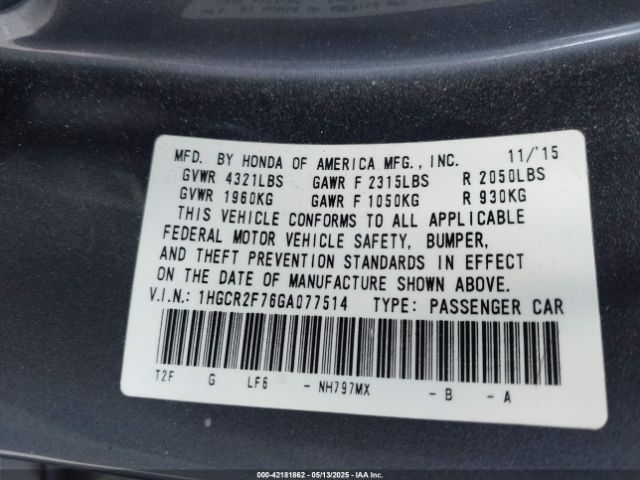 1HGCR2F76GA077514 Honda ACCORD EX