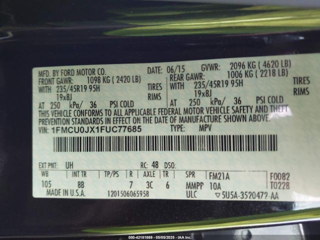 1FMCU0JX1FUC77685 Ford Escape Titanium