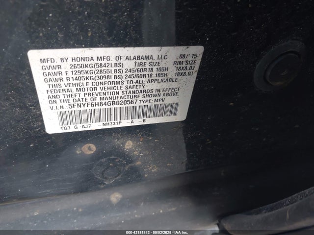 5FNYF6H84GB020567 Honda Pilot Ex-l
