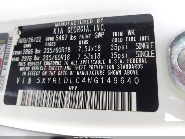 5XYRLDLC4NG149640 KIA gdi theta-iii