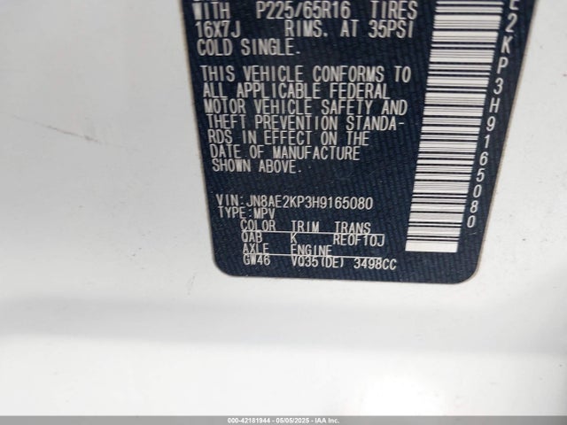 JN8AE2KP3H9165080 Nissan Quest Sv