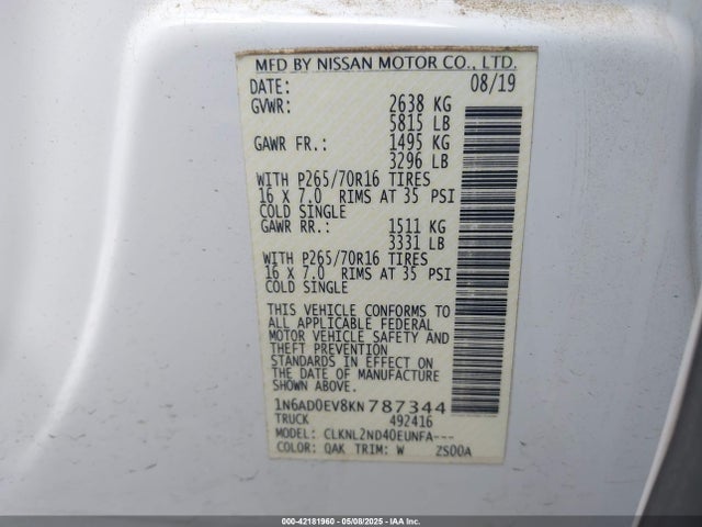 1N6AD0EV8KN787344 Nissan Frontier Sv