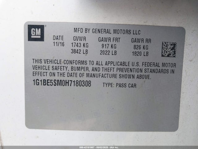 1G1BE5SM0H7180308 Chevrolet Cruze Lt Auto