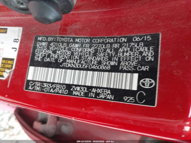 JTDKN3DU5F0460868 Toyota Prius Three