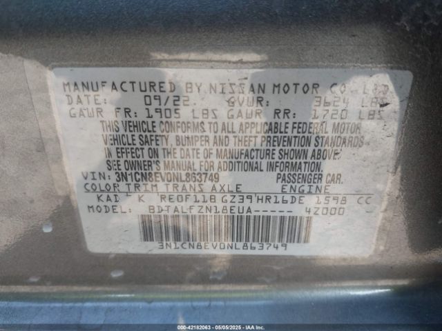3N1CN8EV0NL863749 Nissan Versa 1.6 Sv Xtronic Cvt