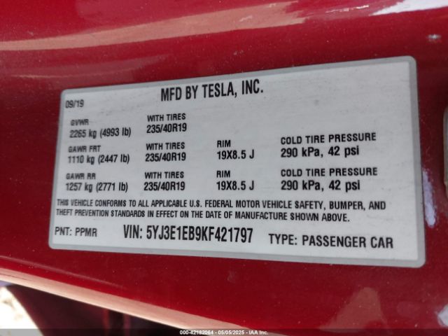 5YJ3E1EB9KF421797 Tesla Model 3 Long Range/performance