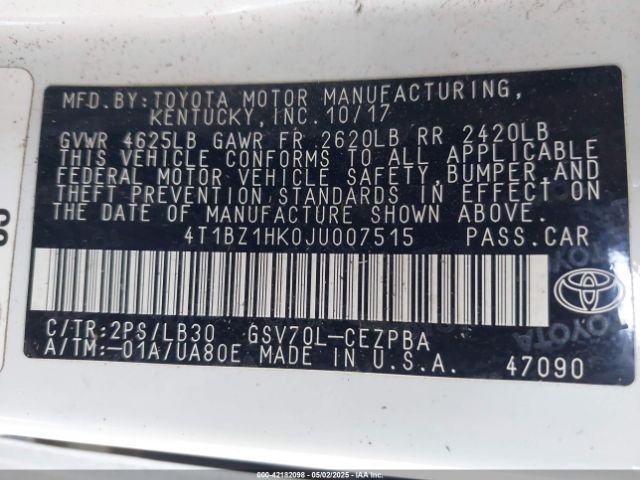 4T1BZ1HK0JU007515 Toyota Camry Xse V6