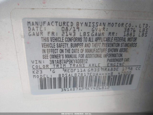 3N1AB7AP9KY406812 Nissan 2019