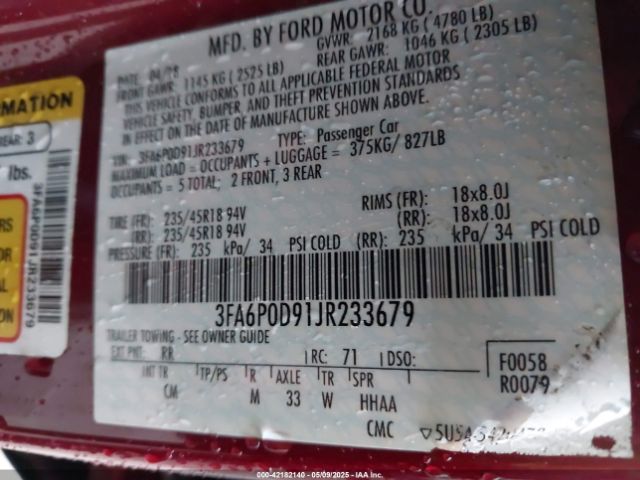 3FA6P0D91JR233679 Ford Fusion Titanium