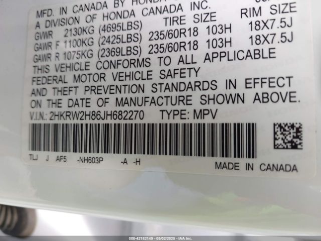 2HKRW2H86JH682270 Honda Cr-v Ex-l/ex-l Navi
