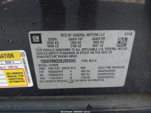 1GKKVRKD2EJ263093 GMC Acadia Slt-1