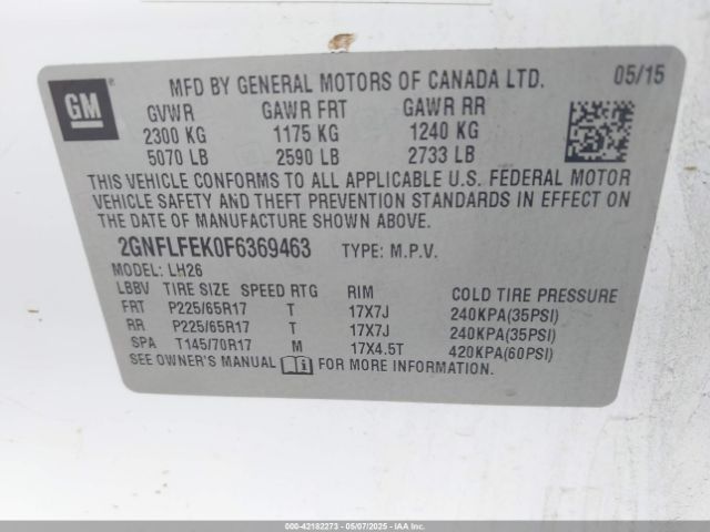 2GNFLFEK0F6369463 Chevrolet EQUINOX 1LT