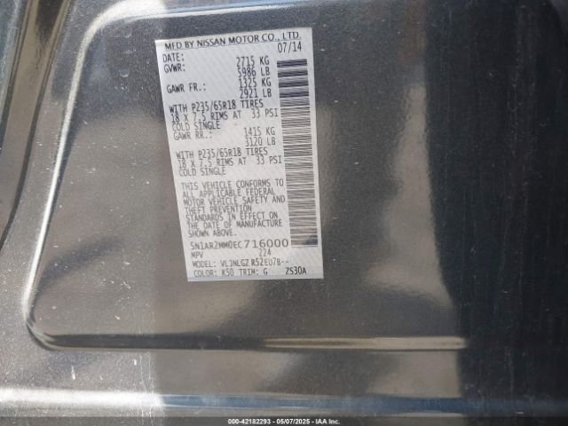 5N1AR2MM0EC716000 Nissan Pathfinder Sl
