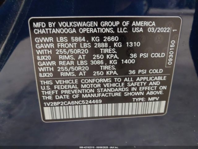 1V2BP2CA6NC524469 Volkswagen Atlas 2.0t Sel