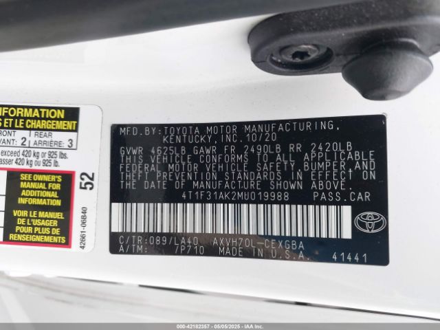 4T1F31AK2MU019988 Toyota Camry Xle Hybrid