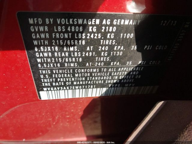 WVGAV3AX7EW071781 Volkswagen TIGUAN S