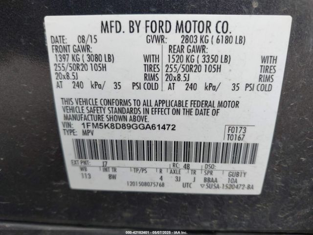 1FM5K8D89GGA61472 Ford EXPLORER XLT