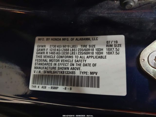 5FNRL6H71KB133485 Honda Odyssey Ex-l