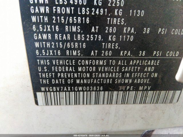 WVGBV7AX1GW003636 Volkswagen TIGUAN S