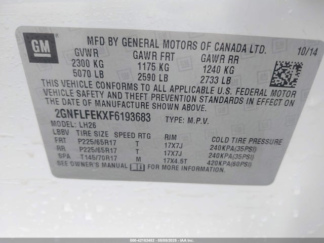 2GNFLFEKXF6193683 Chevrolet lea - flex fuel (gas/alc), aluminum, ho,